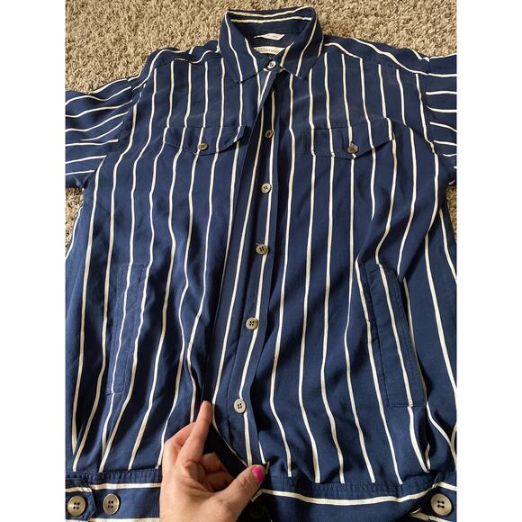 DANA BUCHMAN Vintage Nautical Striped Silk Shacket Jacket Button - Picture 8 of 10